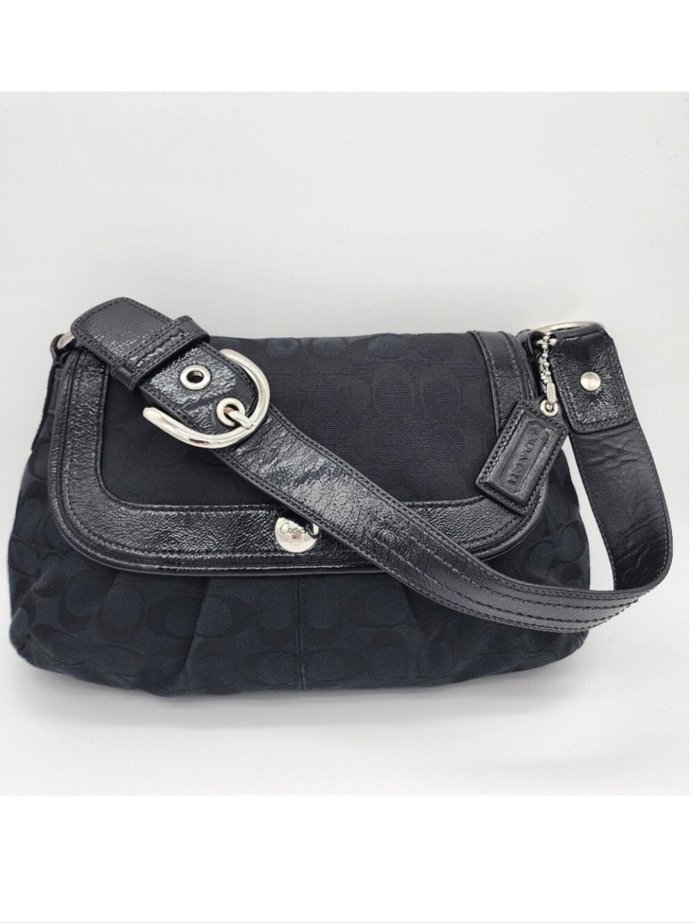 Coach Signature Pleated Soho Flap Shoulder Bag Black Silver Vtg Y2K Jacquard